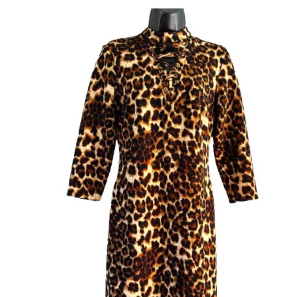 New York & Company Leopard Print Lace Front Dress Womens Size Medium 3/4 Sleeve